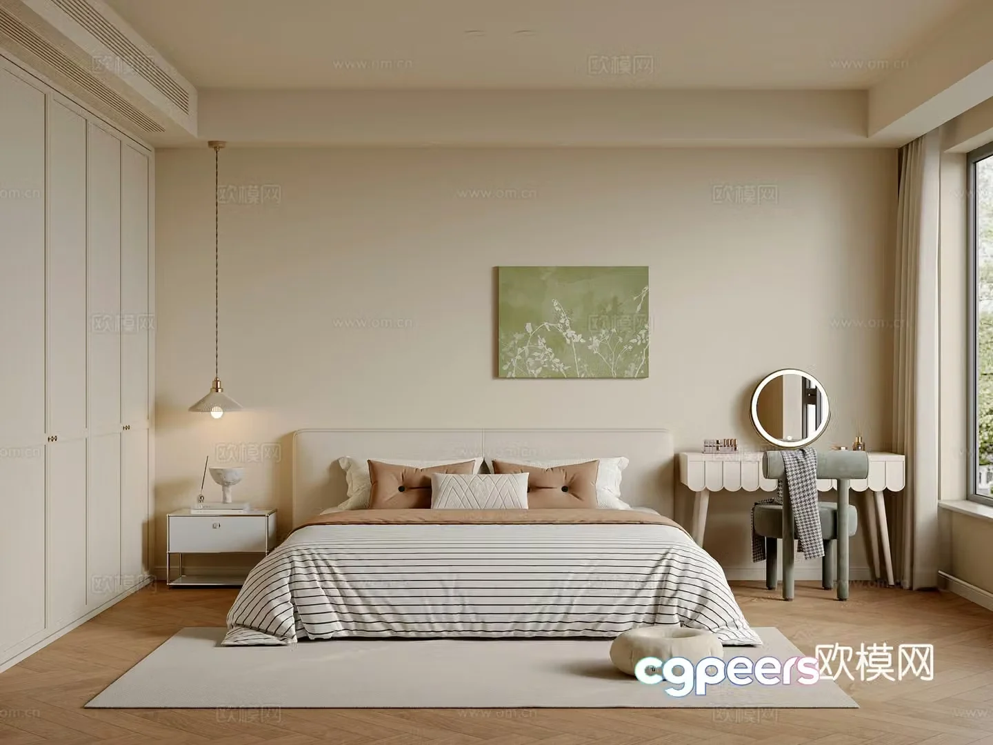 Modern creamy bedroom master bedroom double bed wardrobe dressing table hanging painting 3d model