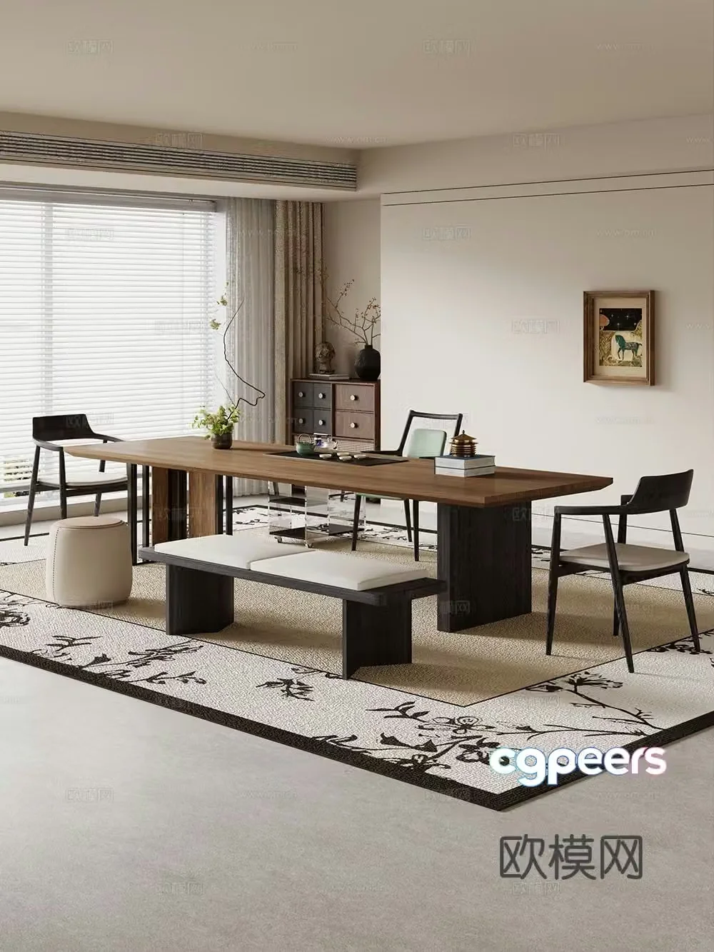 Creamy large plate table tea table and chair combination tea table tea table tea room tea table balcony tea table 3D model