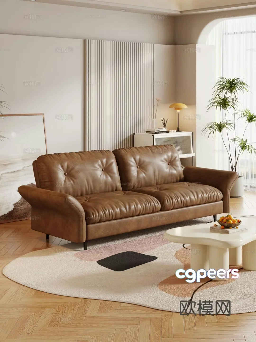 Creamy style double sofa 3d model