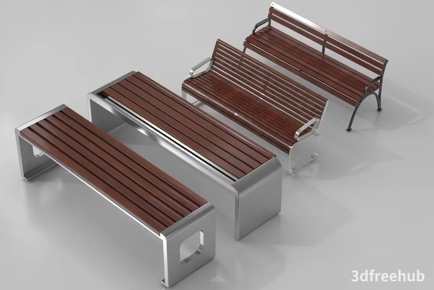 Four Benches With Metal Frames And Wooden Seats 3D Model – 23263 – VRAY Render