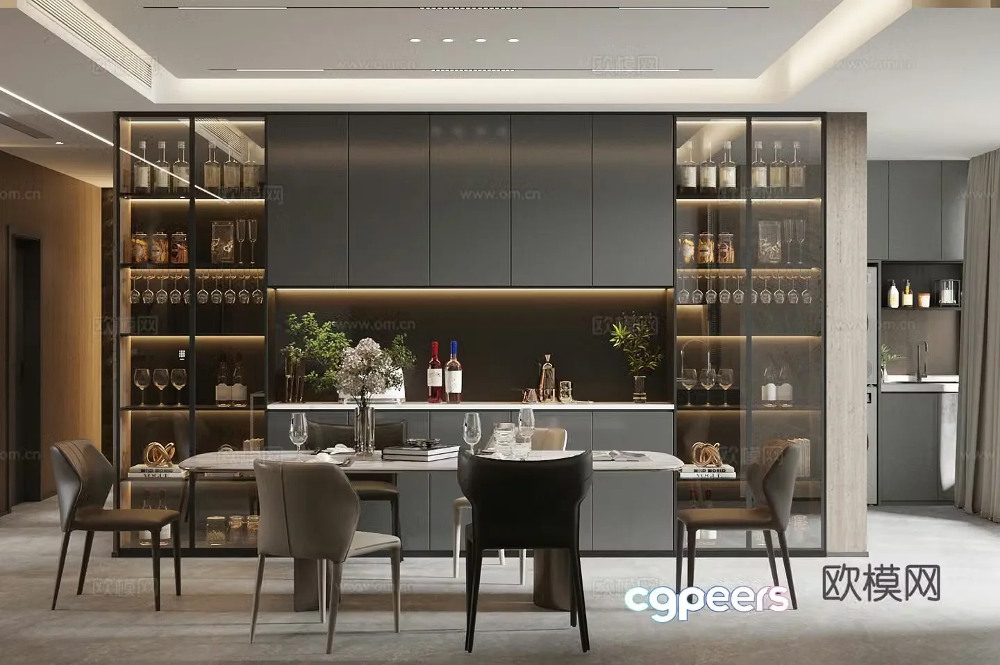 Light luxury Italian home restaurant Marble dining table Italian sideboard Glass sideboard Dining table and chair 3D model