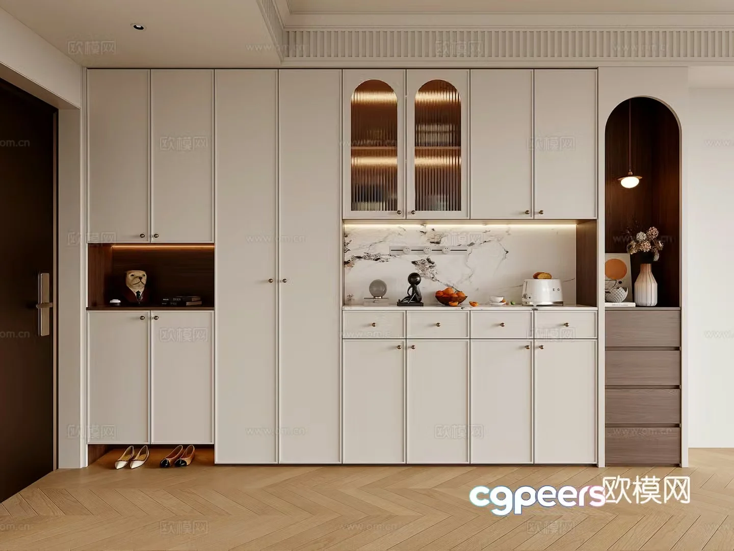French cream style shoe cabinet dining sideboard shoe cabinet integrated wine cabinet entrance door entrance shoe cabinet 3D model