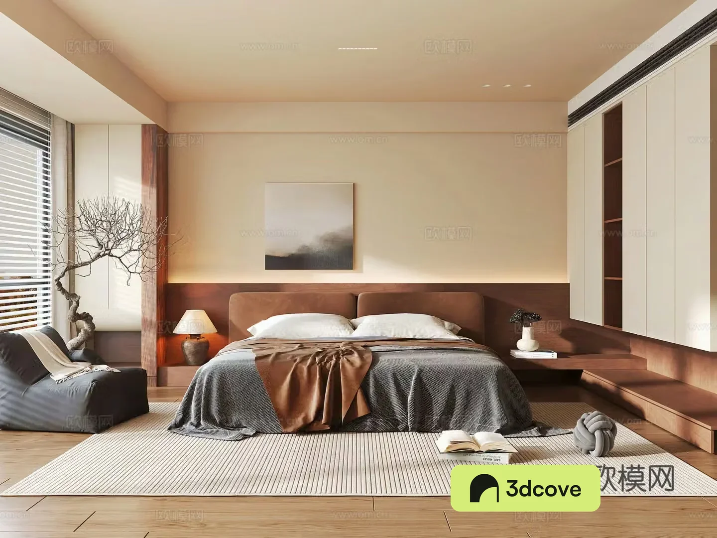 Wasabi style bedroom double bed bedside lamp bedroom wardrobe decorative painting lazy sofa 3d model