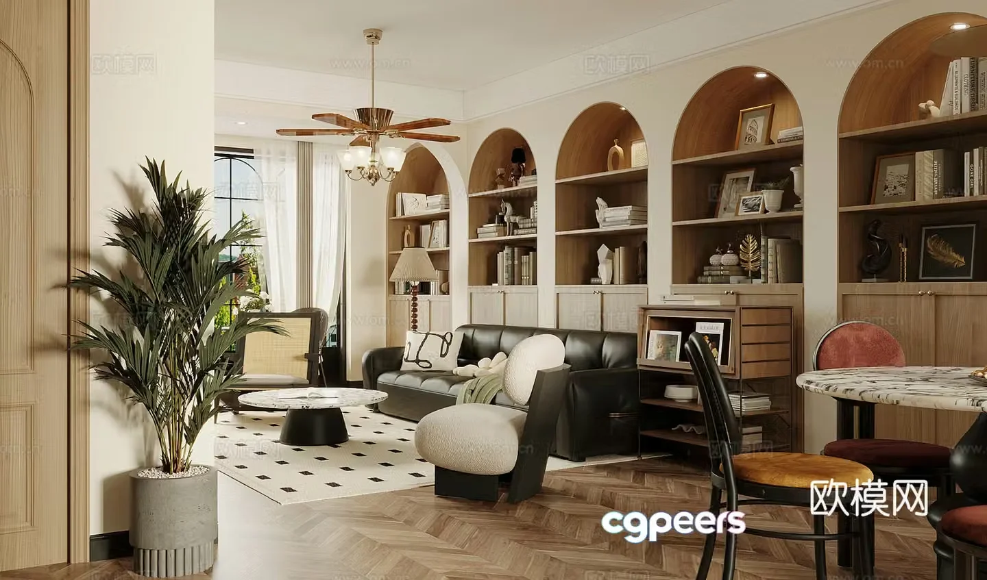 Middle style living room large flat floor living room sofa and coffee table combination middle style dining table and chair 3D model