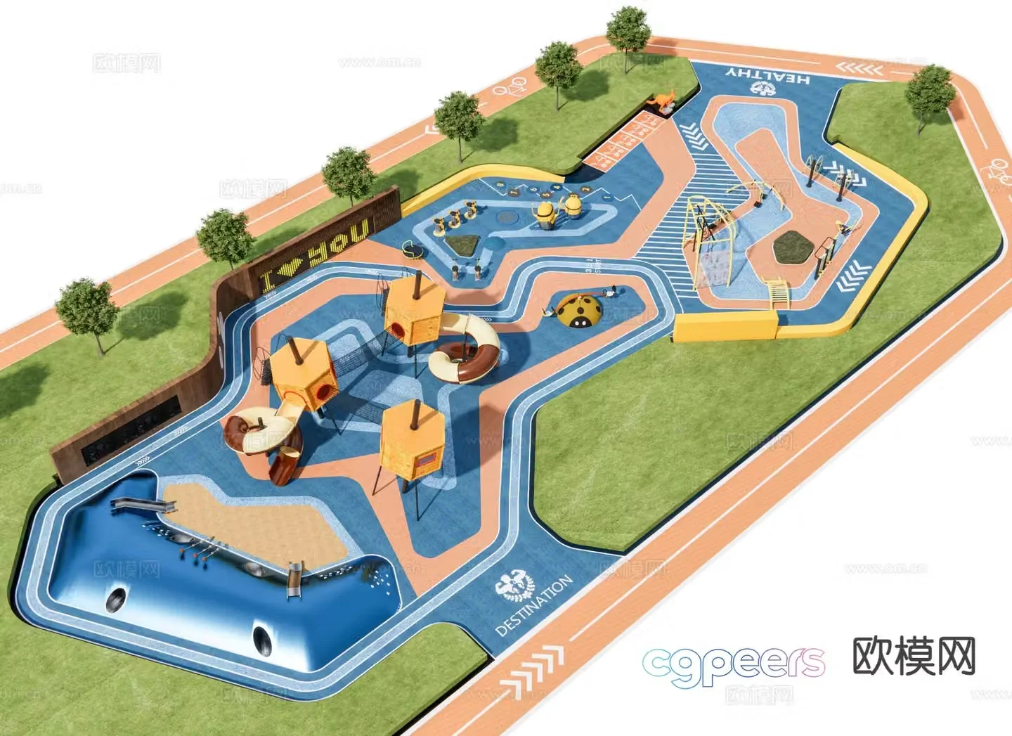 Modern pocket park activity park runway 3d model