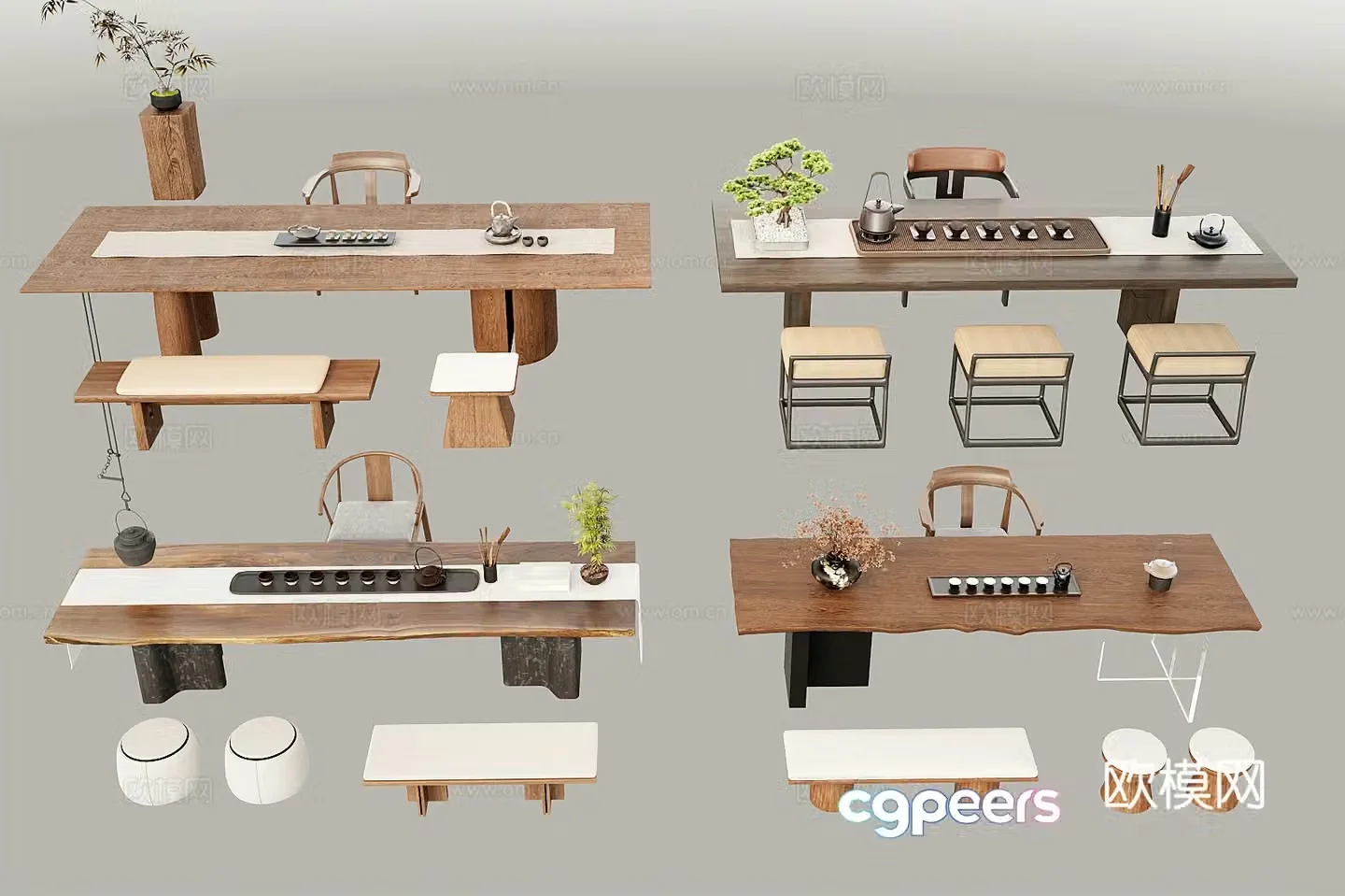 New Chinese tea table and chair New Chinese tea table and chair combination Tea set Potted ornaments 3D model