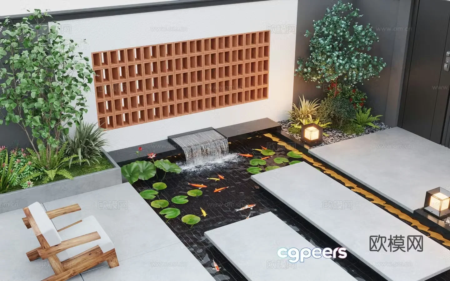 Modern courtyard landscape Garden garden Garden water view 3d model