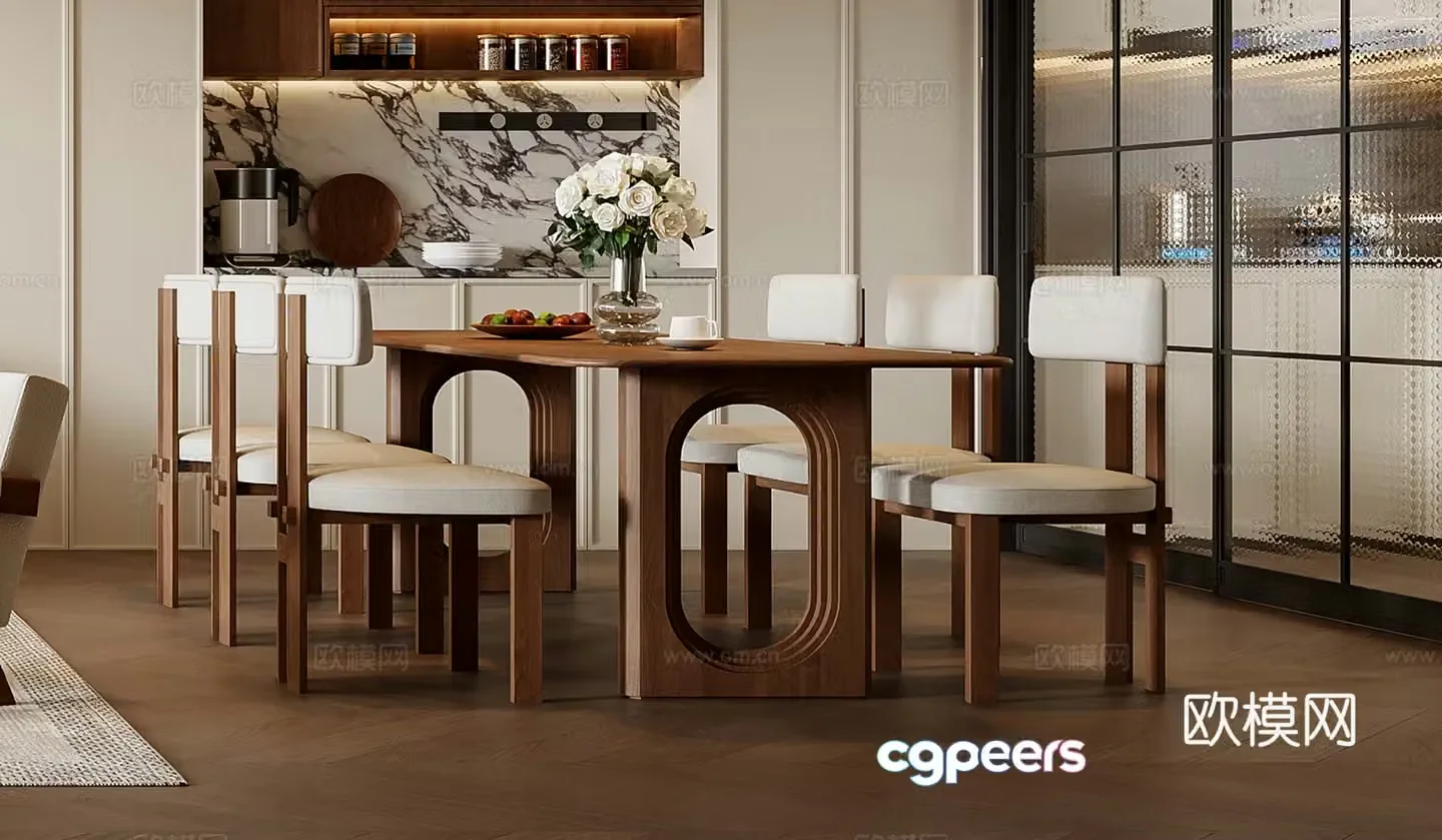 Medium style dining table and chair combination 3D model