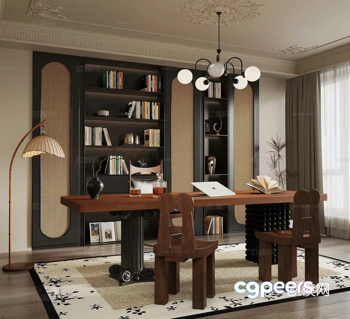 French retro style study bookcase desk chair 3d model