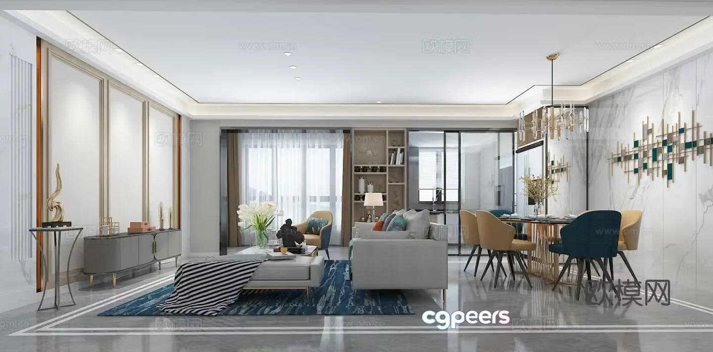 Modern light luxury living restaurant sofa coffee table carpet TV hanging painting dining table chair 3d model