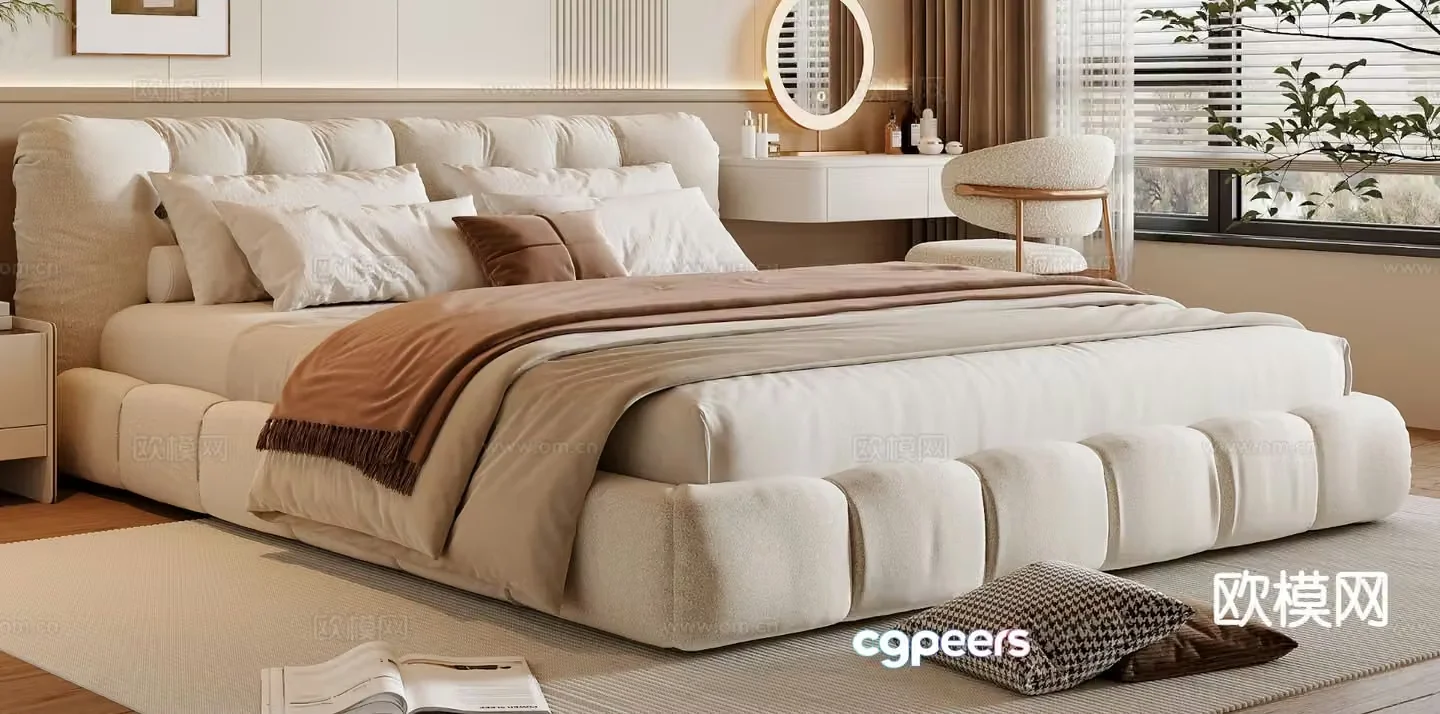 Cream style double bed 3d model