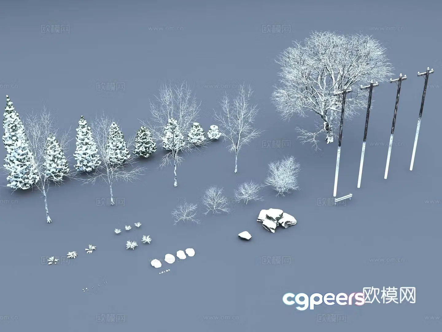 Snowy tree Snow covered stone Snow covered trees Shrub 3d model