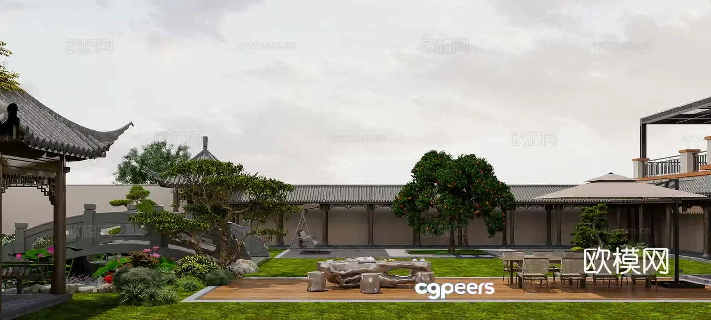 New Chinese style courtyard Villa courtyard landscape Fish pond water view New Chinese style corridor 3D model