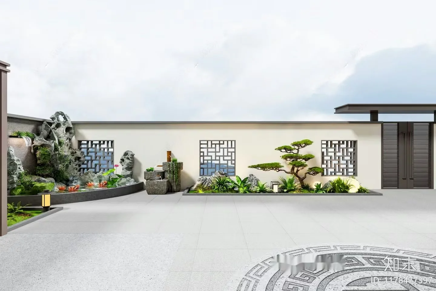 A Japanese-Style Garden With A Stone Wall 3D Model – 18385 – VRAY Render