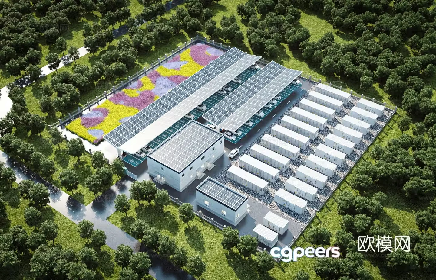 Aerial view 3d model of modern substation