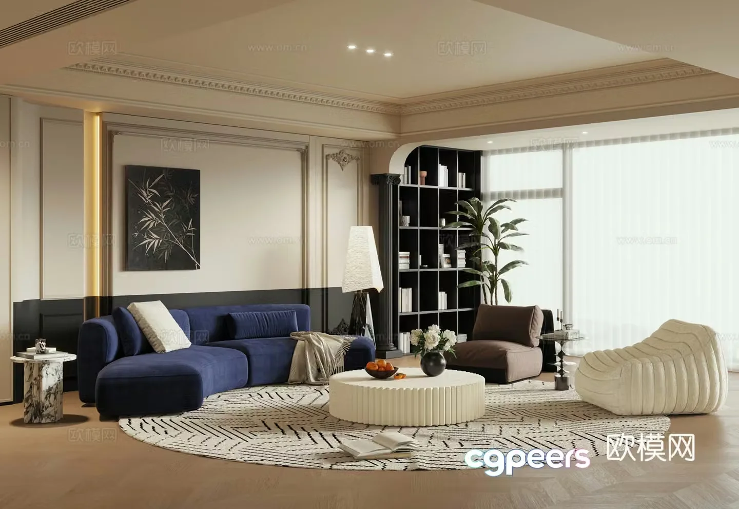 French home living room horizontal hall large flat living room black and white gray living room without owner lights 3D model
