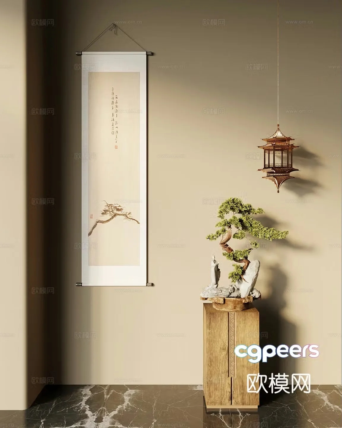 Sculpture ornaments New Chinese style sculpture ornaments Pine bonsai Chandelier Hanging painting 3D model