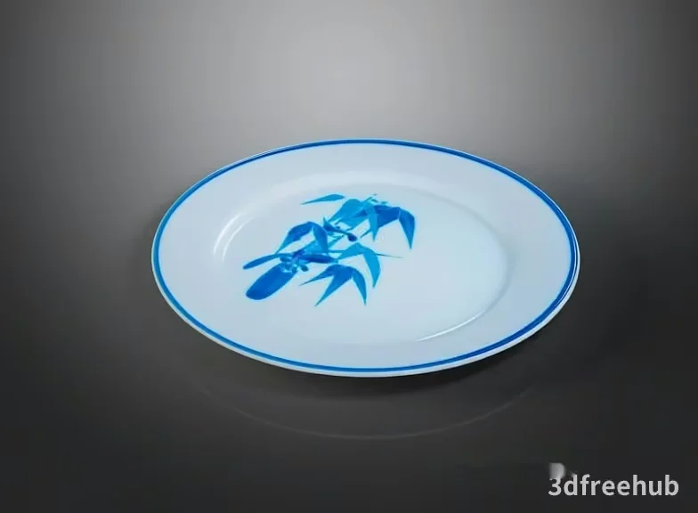 A White Plate With A Blue Rim And A Blue Plant Design 3D Model – 12824 – VRAY Render