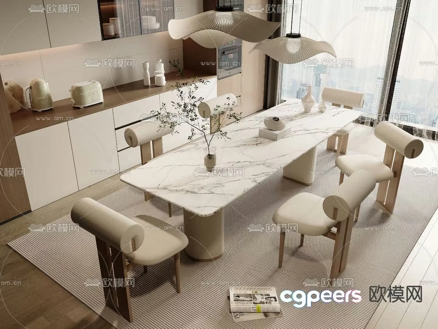 Cream style dining table and chairs 3d model