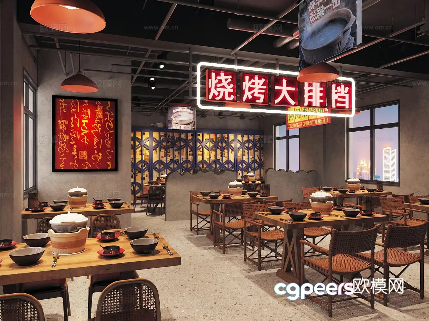 Industrial style nostalgic barbecue restaurant barbecue restaurant hot pot restaurant skewers restaurant Chinese restaurant hot pot tables and chairs 3D model