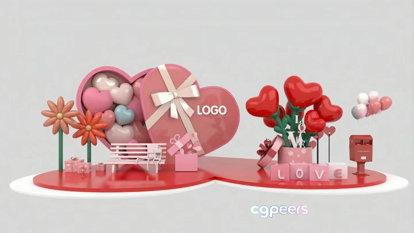A 3D Rendering Of Valentine’S Day-Themed Objects 3D Model – 15677 – VRAY Render