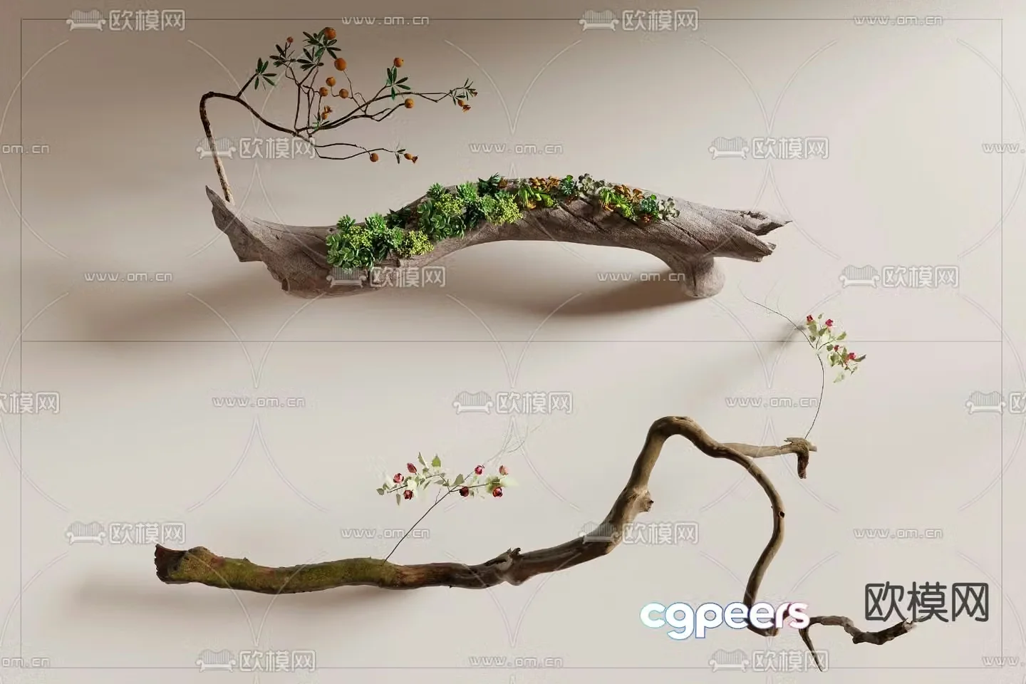 Dead wood and green plant ornaments old wood dead branches 3D model