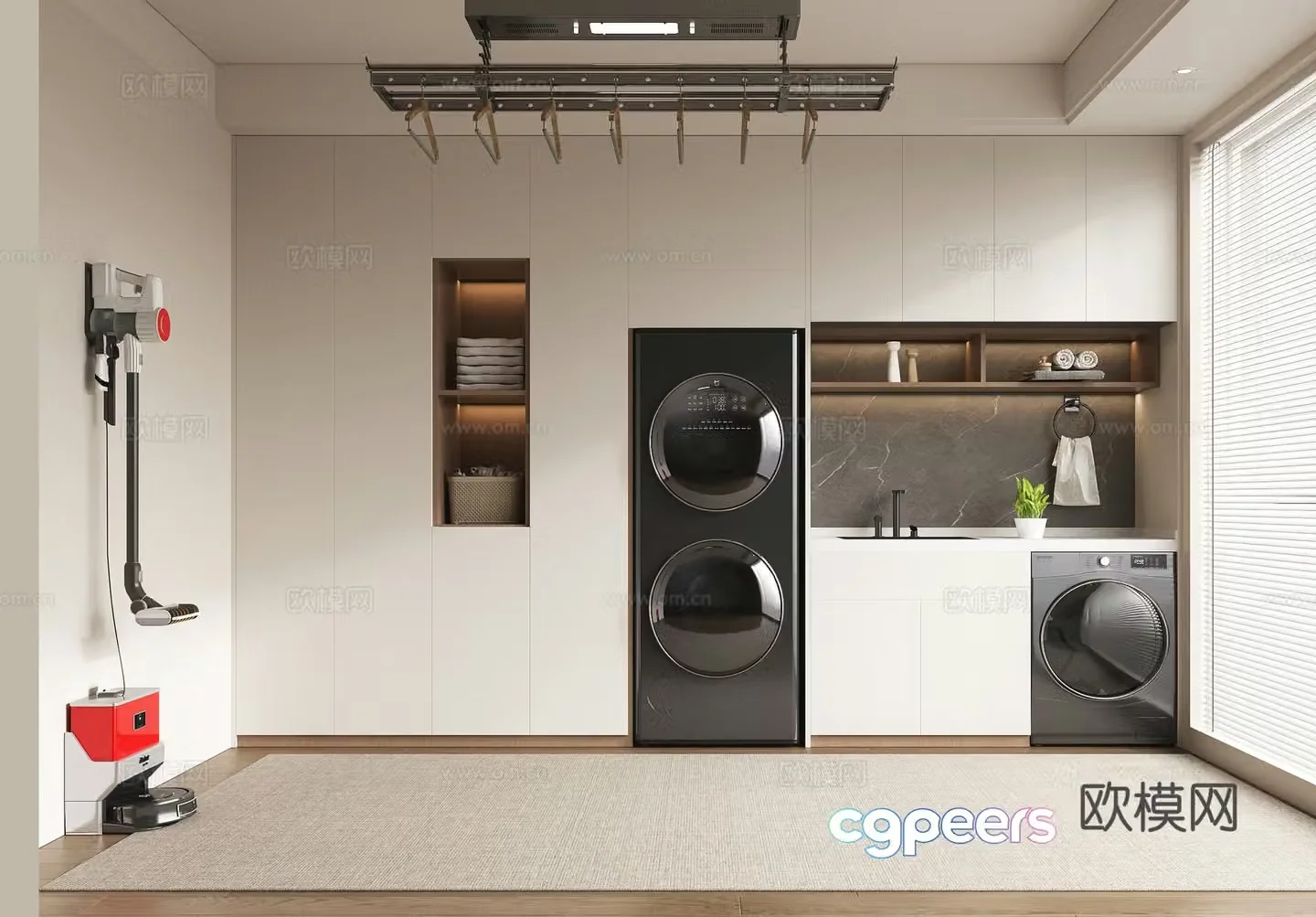 Modern washing machine cabinet hand counter laundry room smart mop clothes drying rack venetian blind washing 3d model