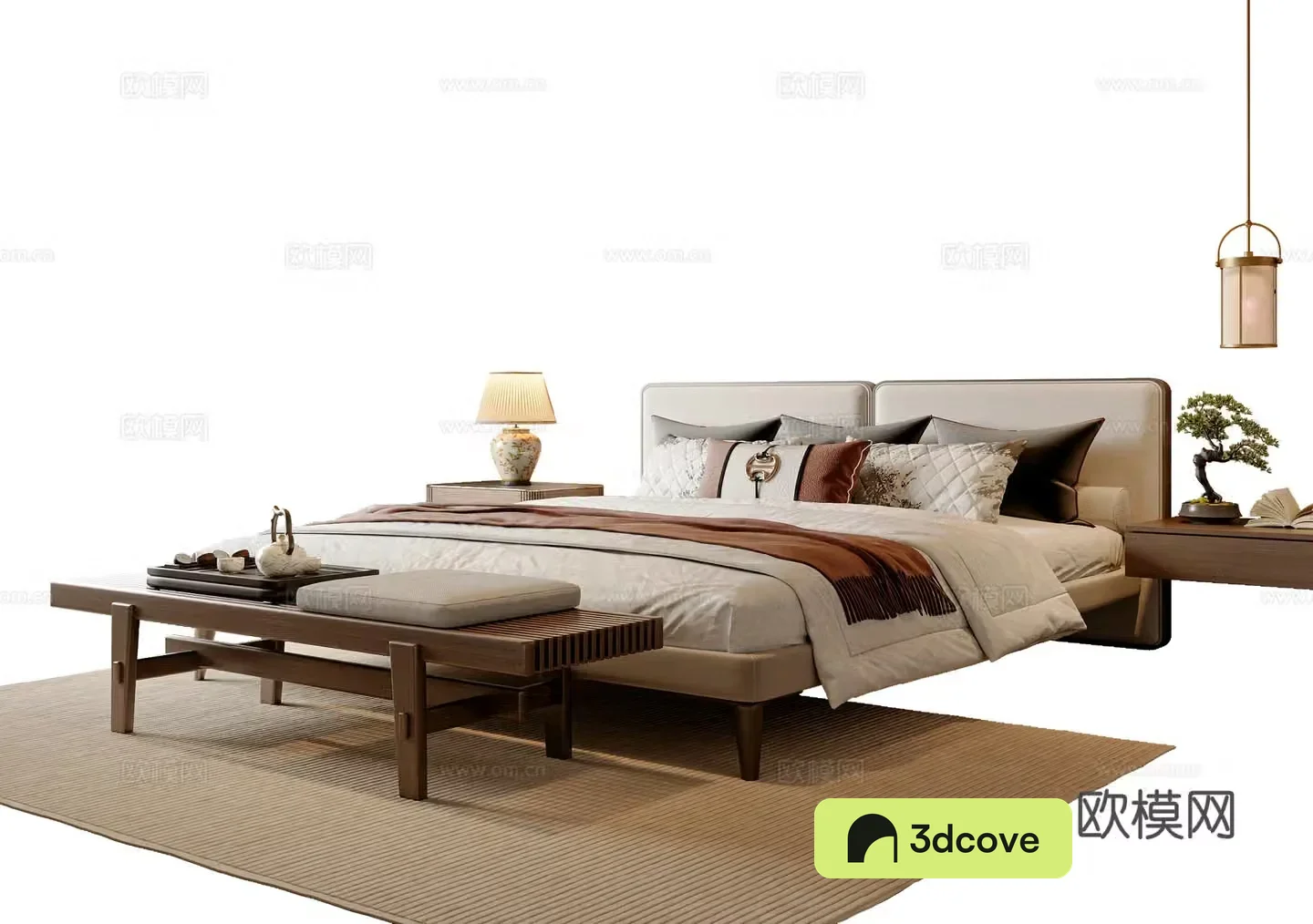 New Chinese style double bed New Chinese style bed tail stool bed nightstand chandeliers Song style