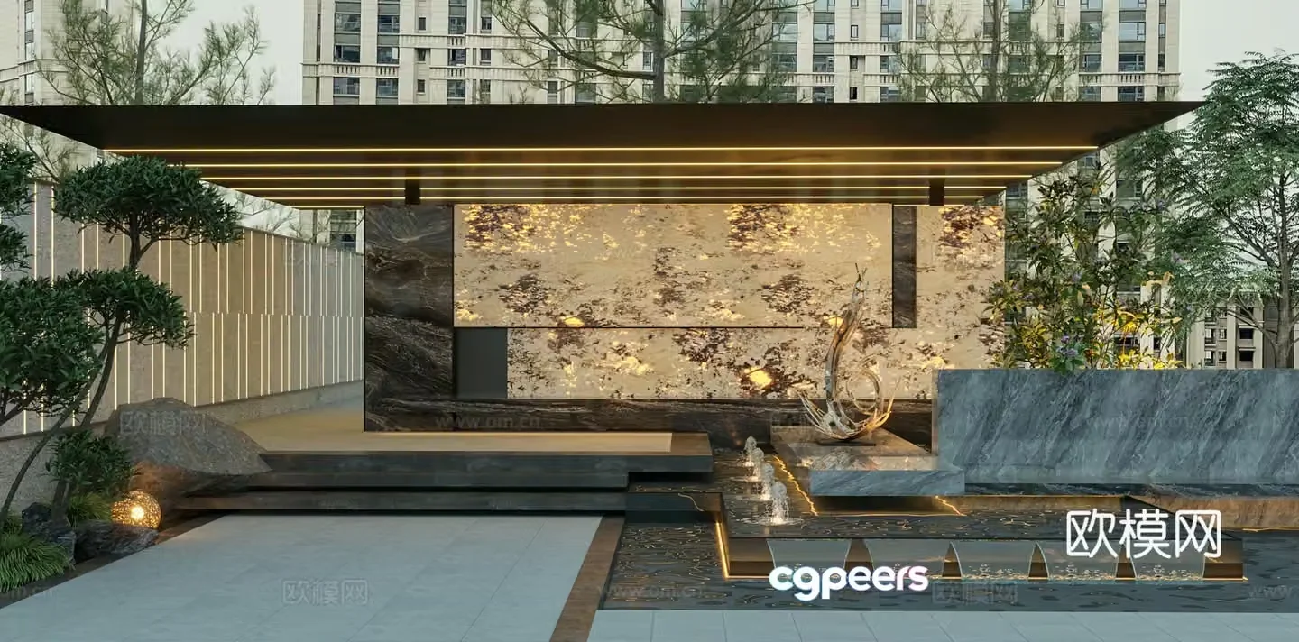 Modern light luxury garden luxury stone view wall water view pavilion 3D model