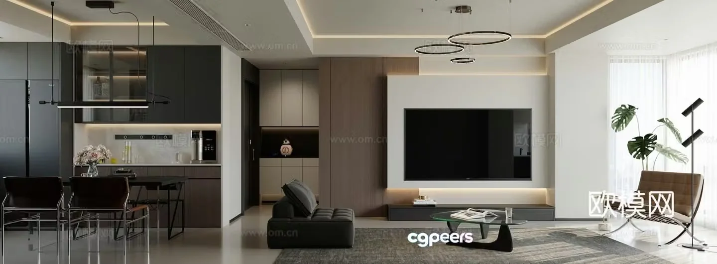 Modern living and dining room 3d model