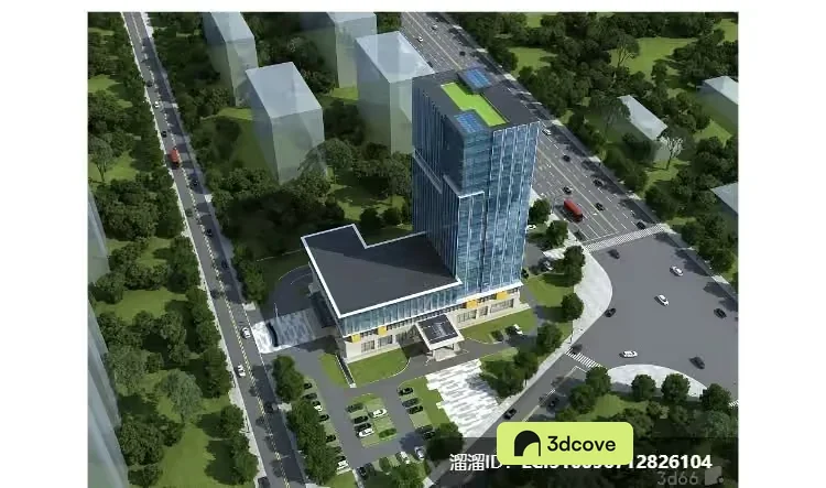 A 3D Rendering Of A Modern Building With A Large Parking Lot And