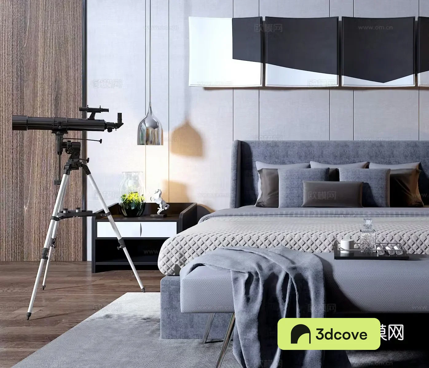 Modern fabric double bed combination double bed hanging painting ornament telescope desk lamp