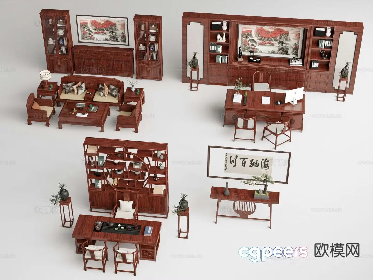 Chinese style manager office desk and chair 3d model