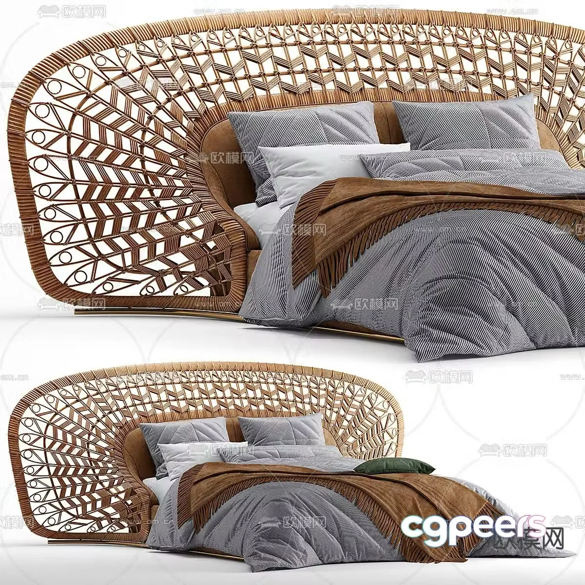Rattan double bed bedroom bed 3d model