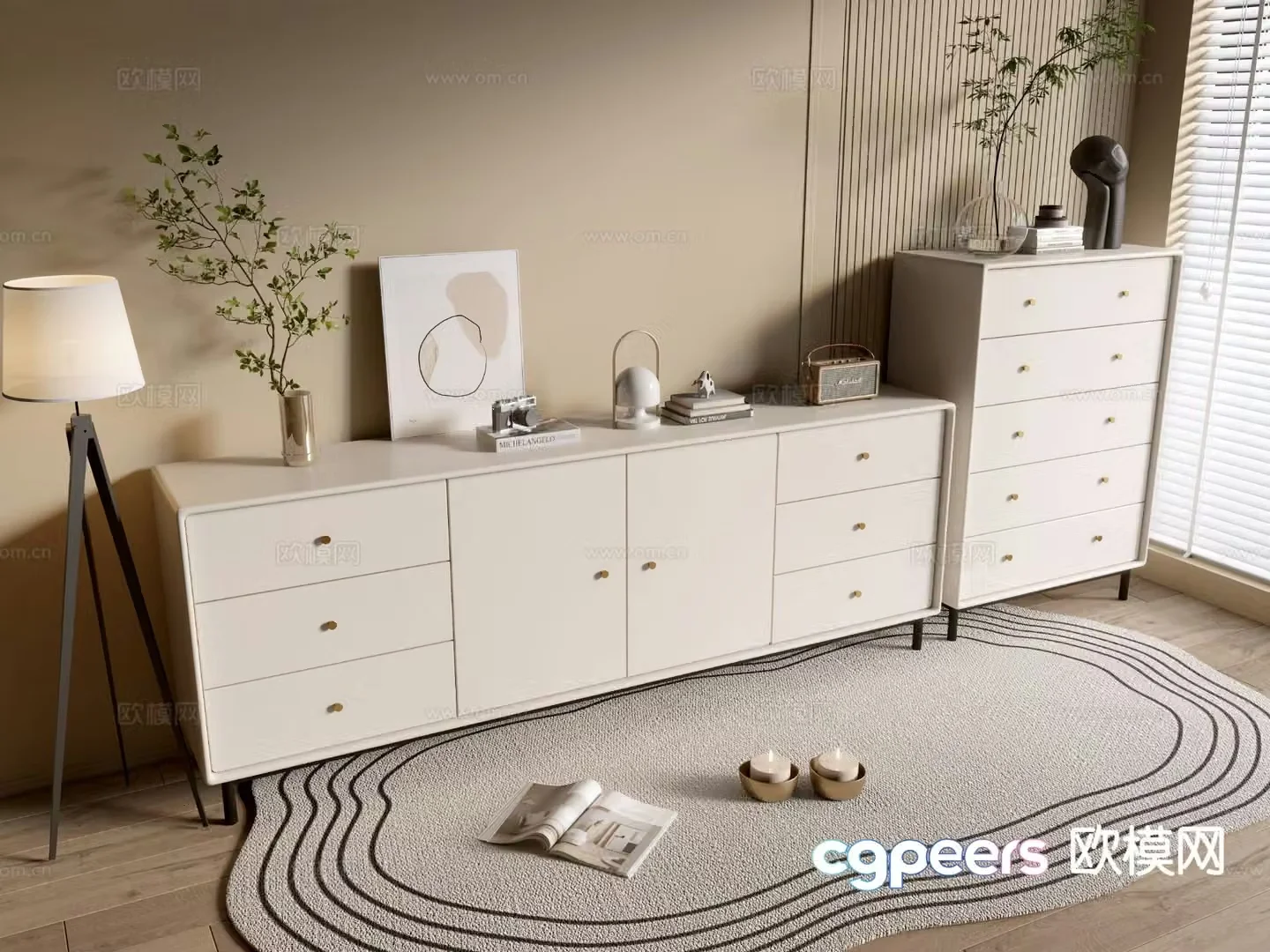 Cream style chest of drawers side cabinet 3d model