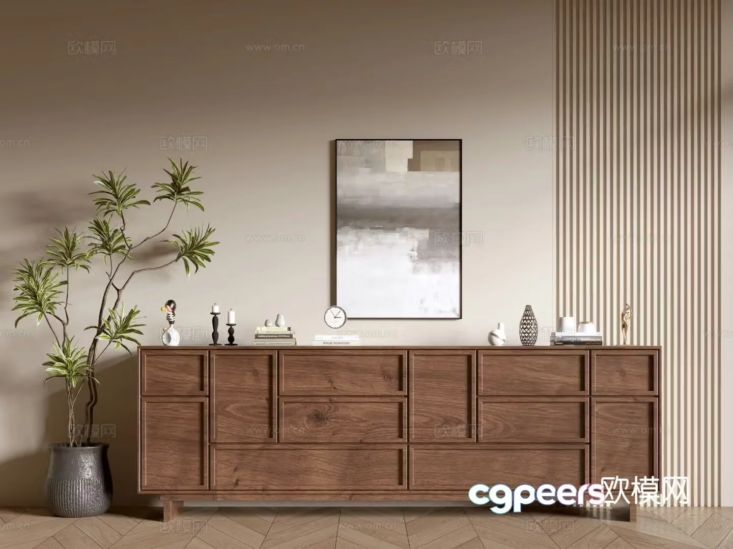 Log style low cabinet wood grain side cabinet entrance cabinet 3D model