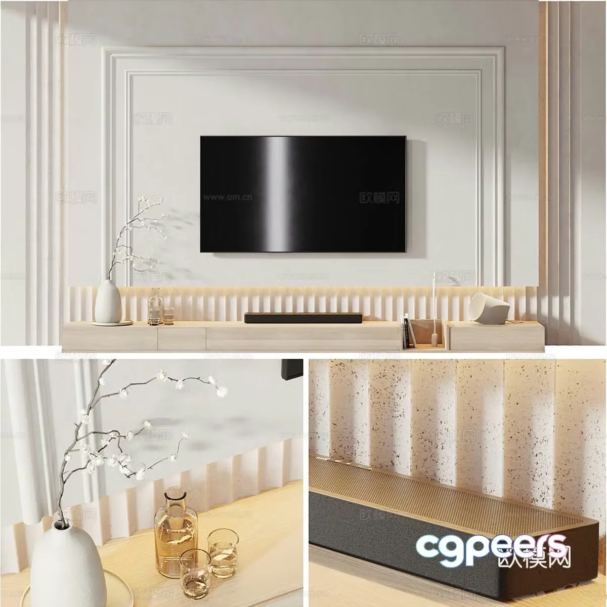 Modern creamy TV background wall 3d model