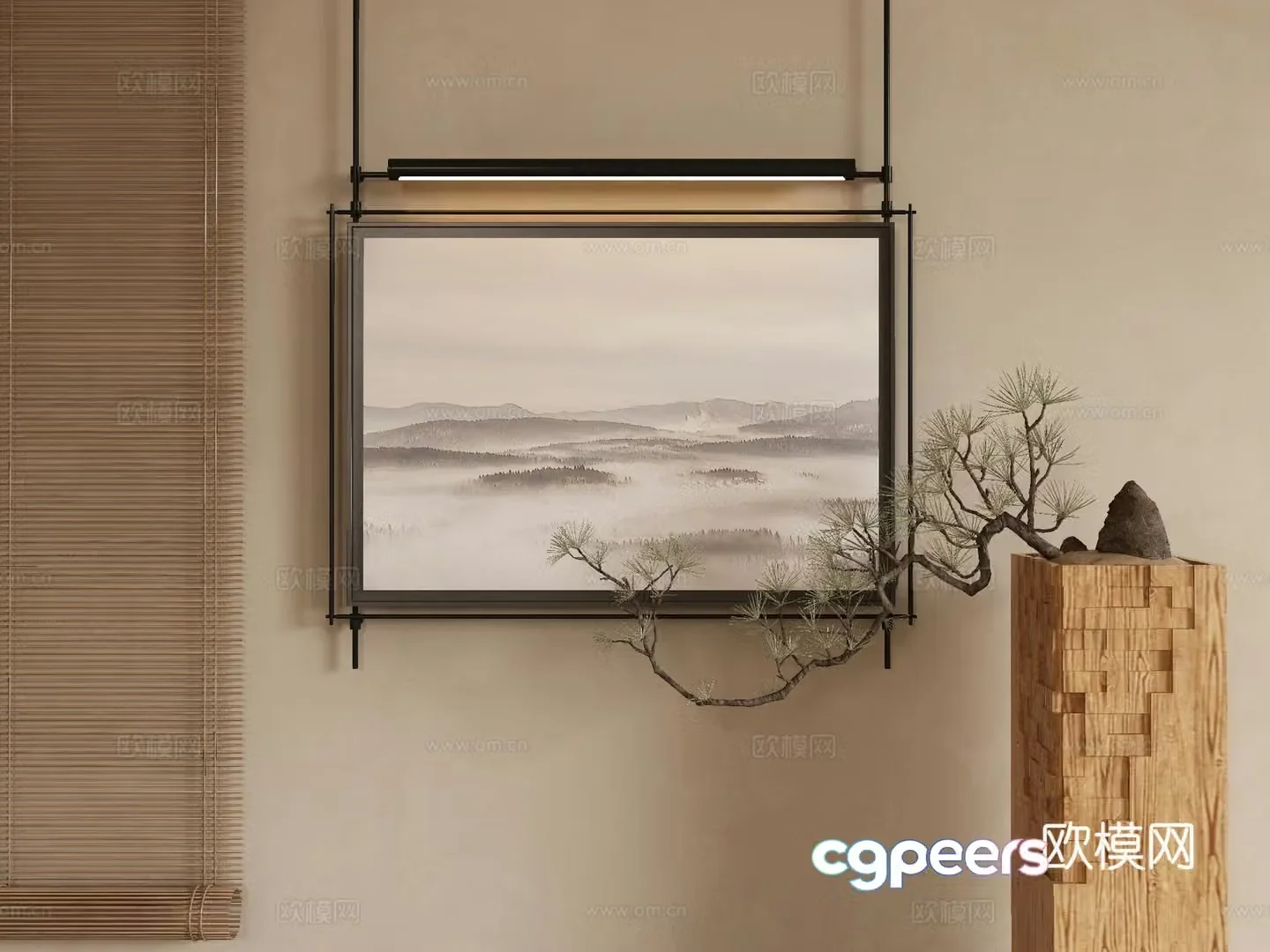 New Chinese style decorative paintings metal pole hanging paintings 3D model