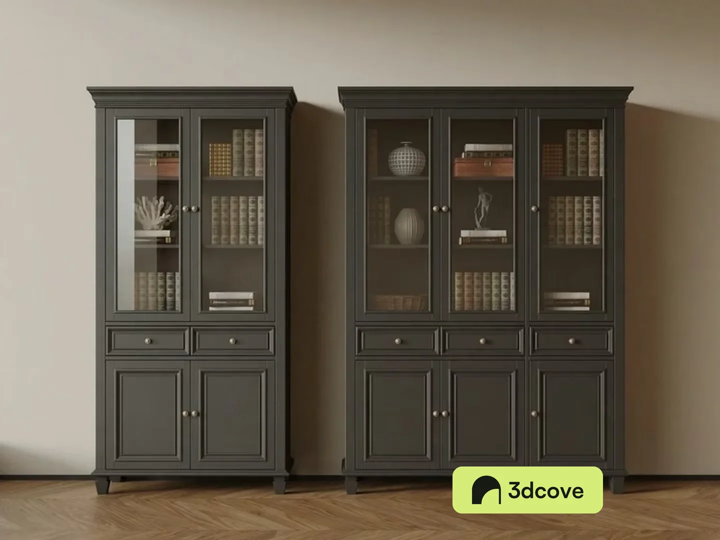 Two Tall Dark Grey Bookshelves