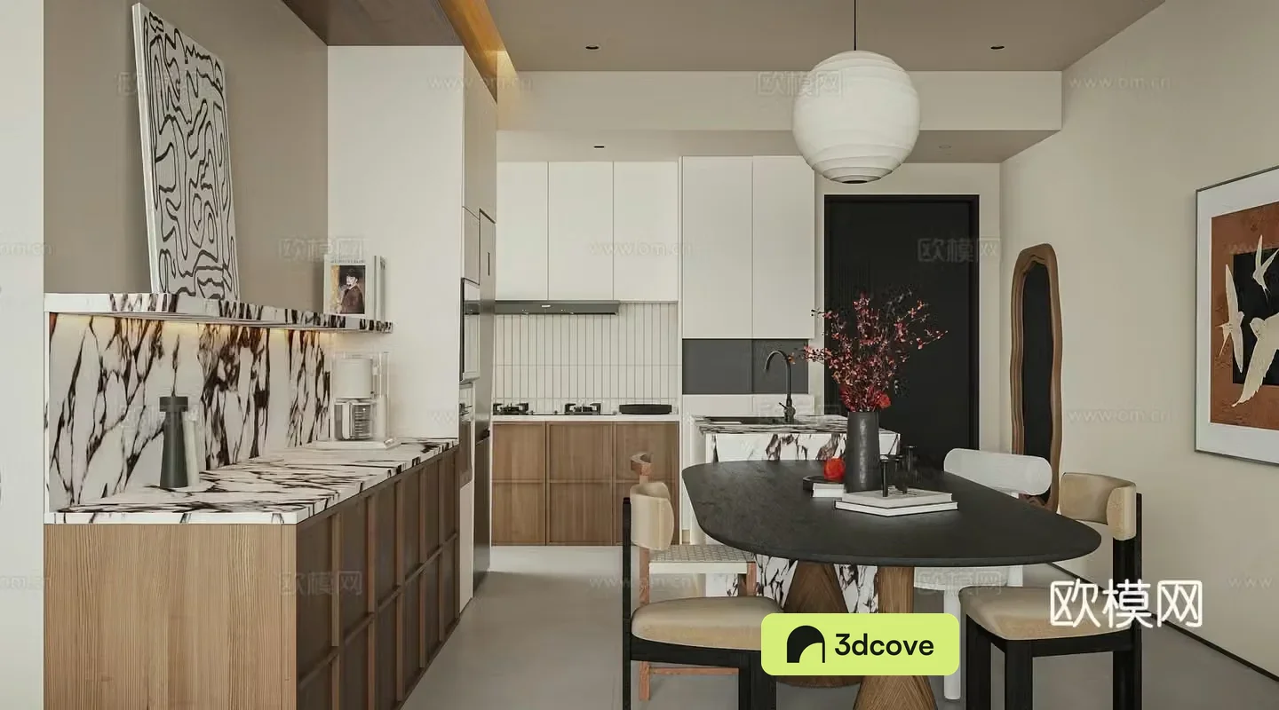 Wasabi Middle Style Restaurant Open Kitchen Dining Table and Chair Combination Restaurant Chandelier Decoration 3D Model