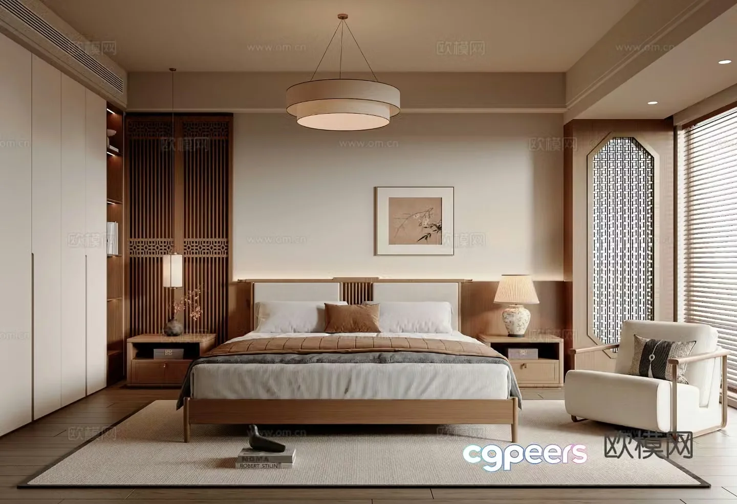 New Chinese style Chinese bedroom double bed leisure chair wardrobe hanging painting new Chinese style chandelier 3D model