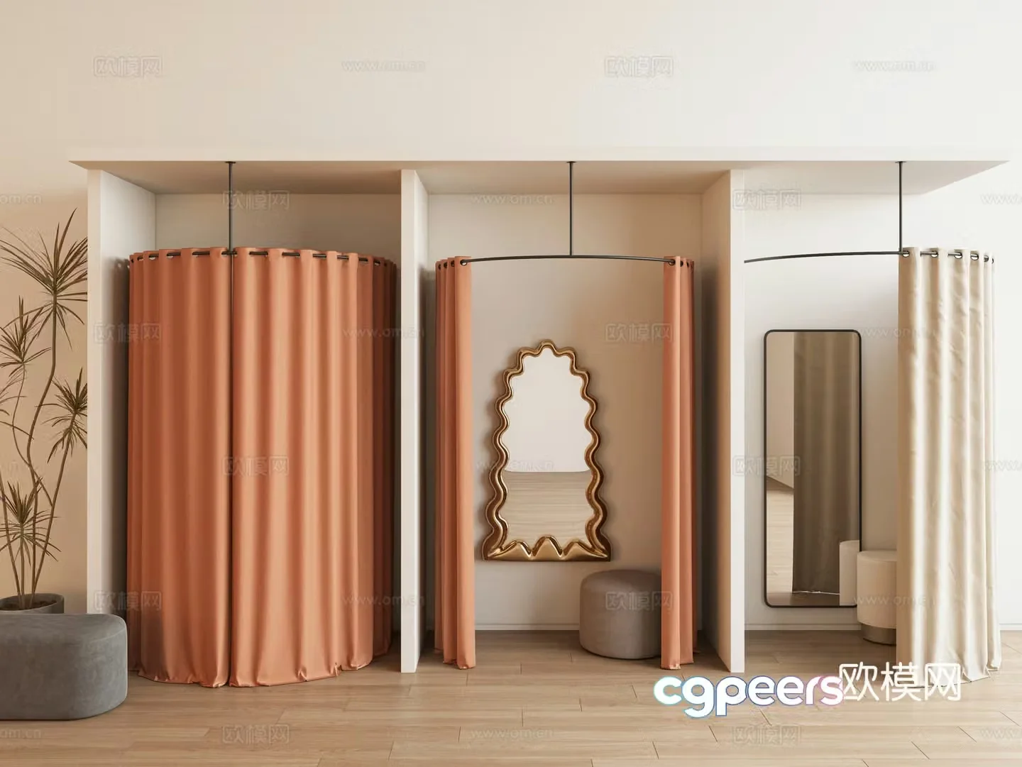 Modern clothing store fitting room fitting room locker room pull curtain floor mirror pull curtain curtain 3d model