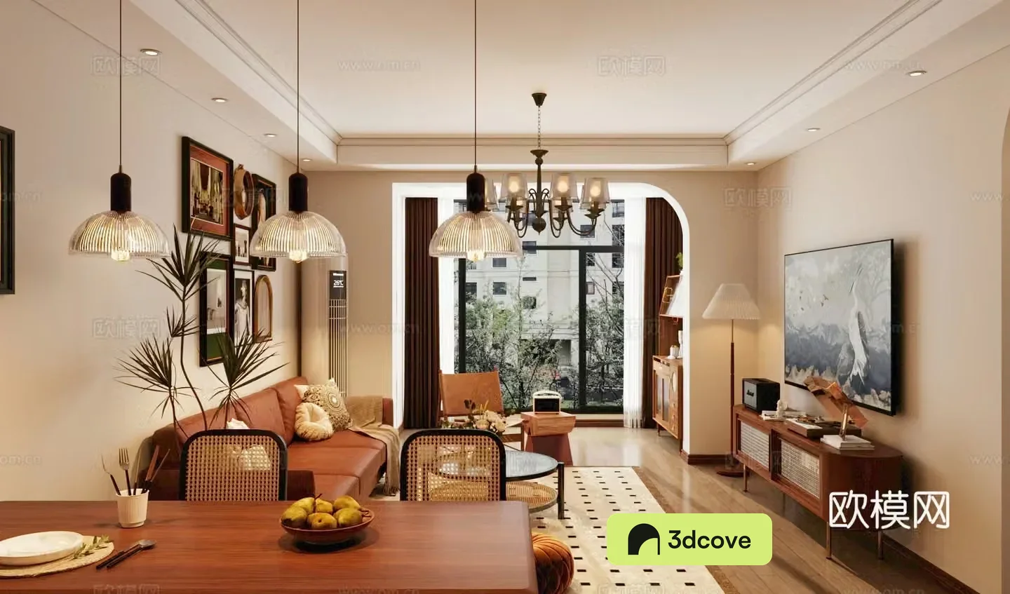 Middle style living room horizontal living room small living room sofa and coffee table combination retro style living room 3D model
