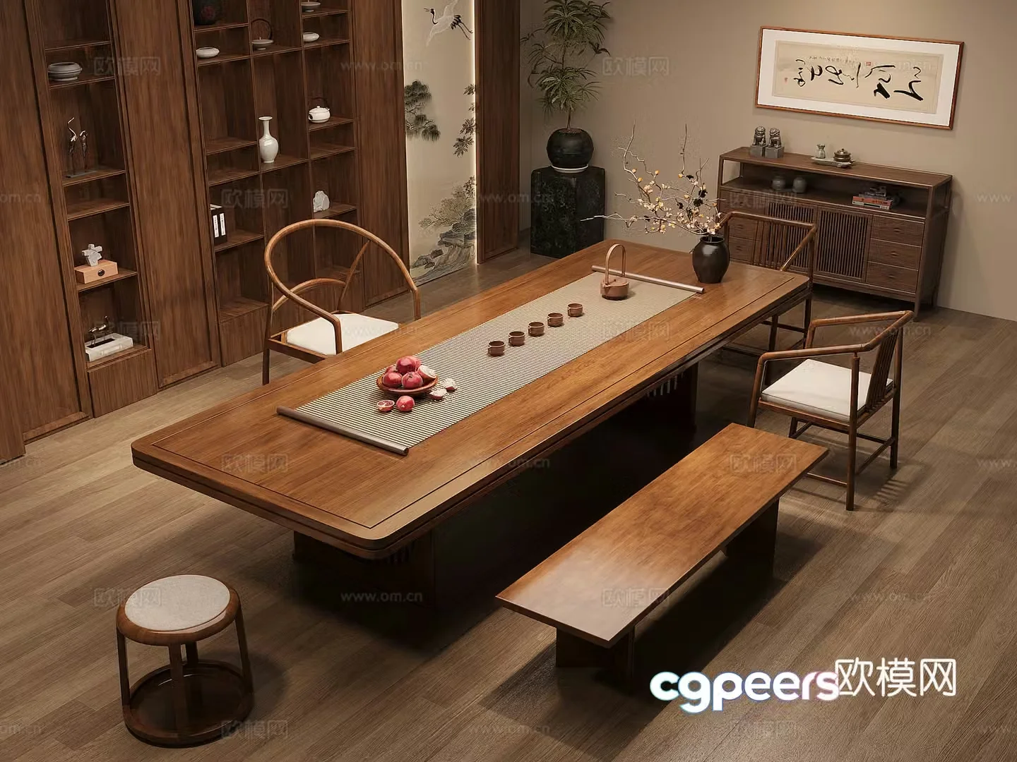 Solid wood tea table and chair combination large board table tea table solid wood storage cabinet tea cabinet tea set supplies 3D model