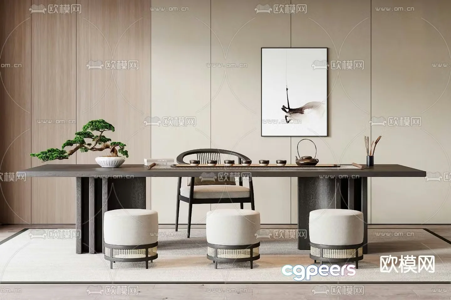 New Chinese tea table and chairs 3d model