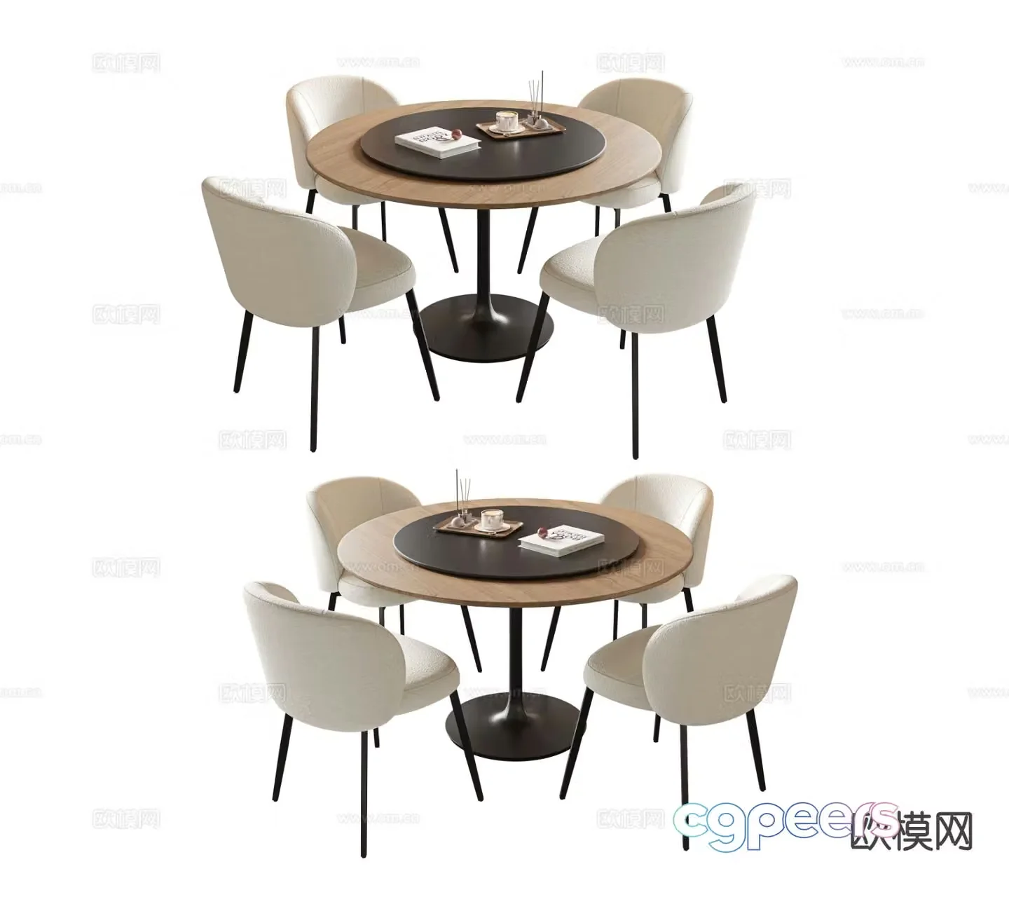 Cream style dining table and chairs round dining table 3d model