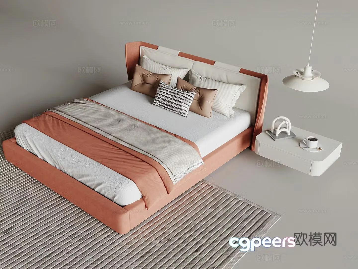 Cream style double bed floating bedside table 3d model