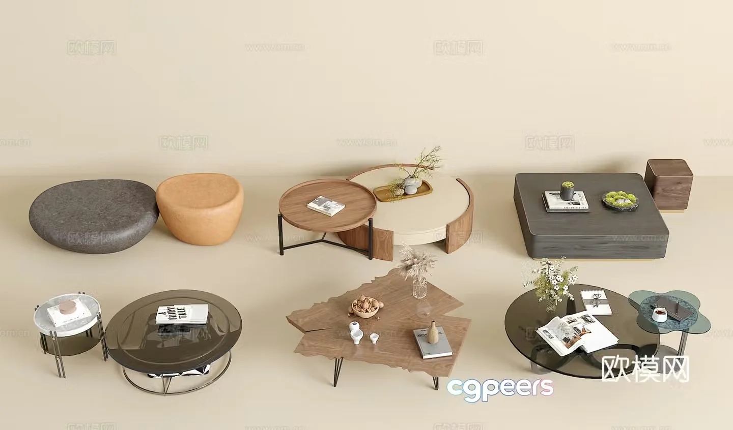 Coffee table combination green plants jewelry ornaments book 3d model
