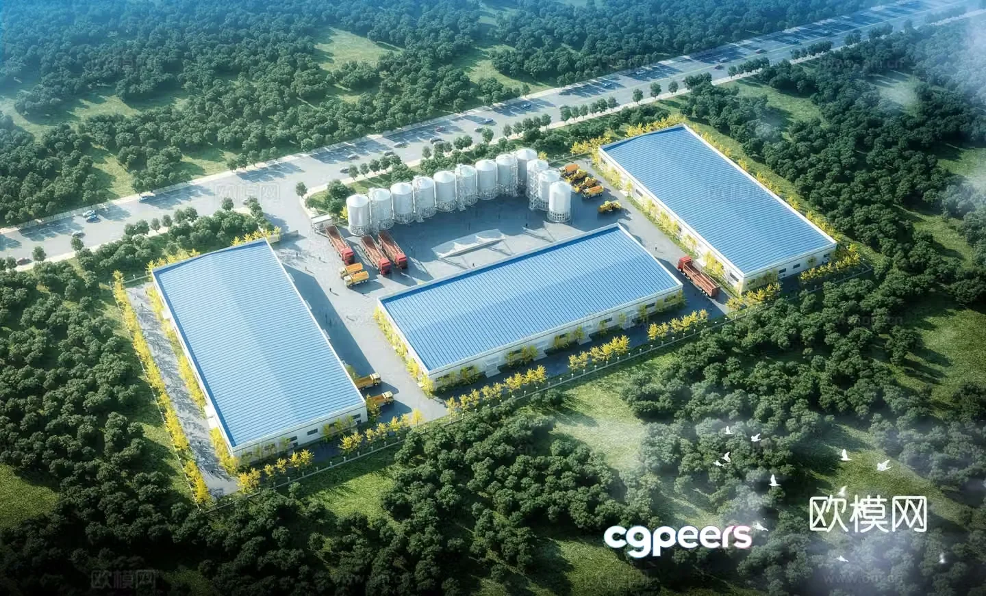 Aerial view 3d model of modern factory building