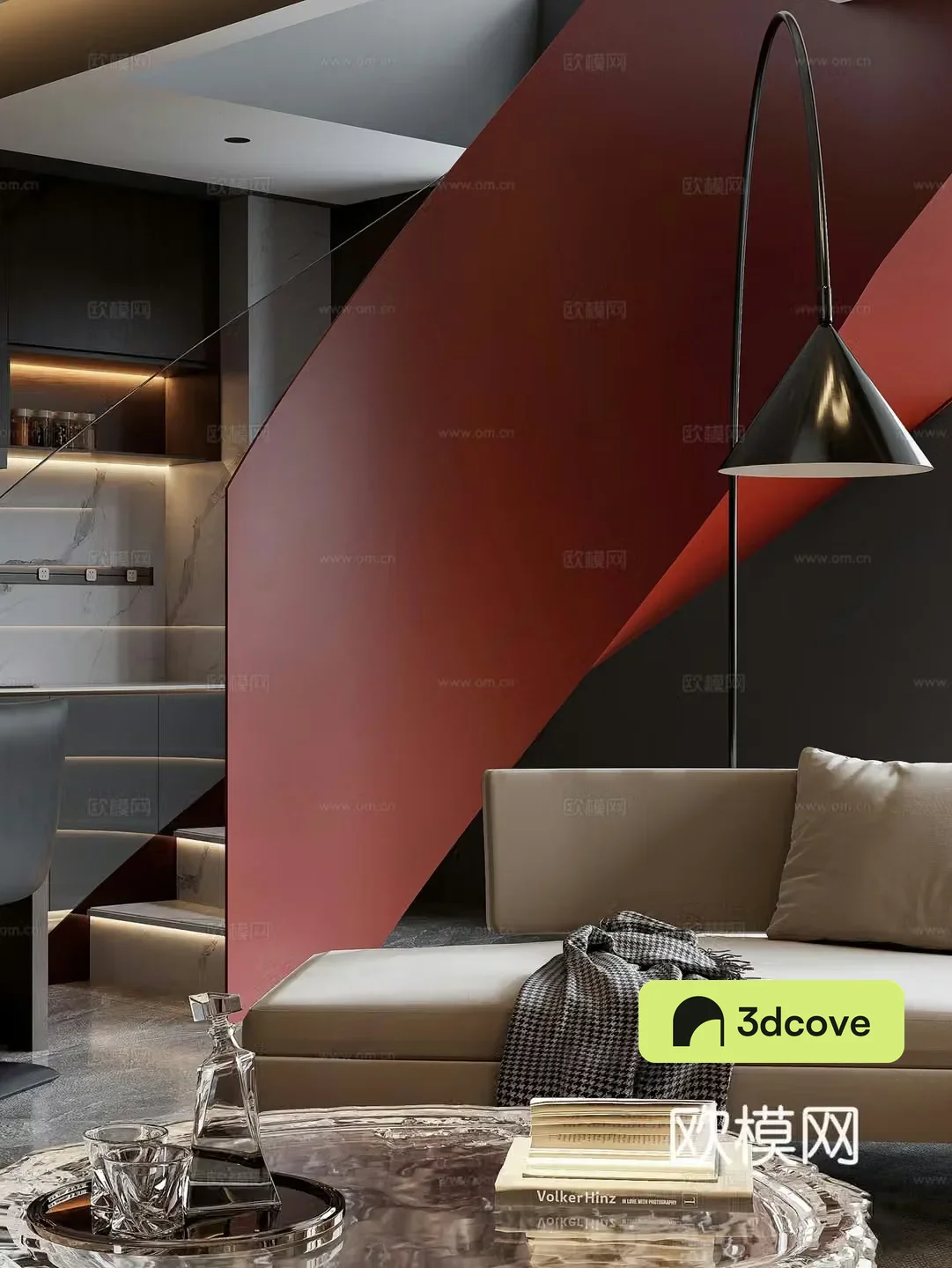 Italian light luxury living restaurant sofa and coffee table combination spiral staircase open kitchen dining table and chair group